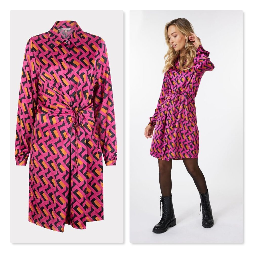 ESQUALO Dress Overlap Detail in Multi Geo Abstract Print Women's 6 Long Sleeve